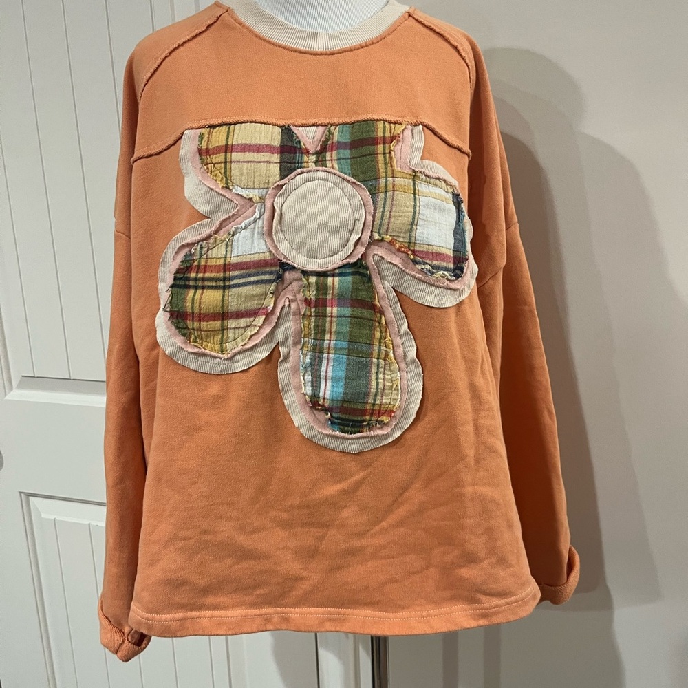Orange Plaid Flower patchwork Women's Sweatshirt - image 1